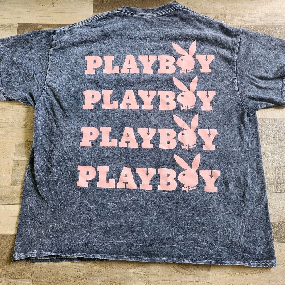 Playboy Shirt Mens XL Stonewash Black Pink Iconic Spell Out Logo Bunny Graphic